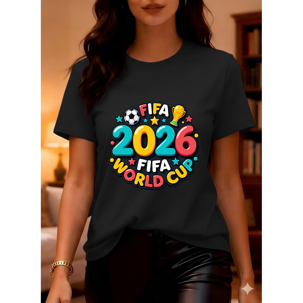Camisa Do Mundo FIFA 2026 Com Design Colorido, Estampa De Futebol, Copa E Estrelas, Tamanho Universal, Material Branco