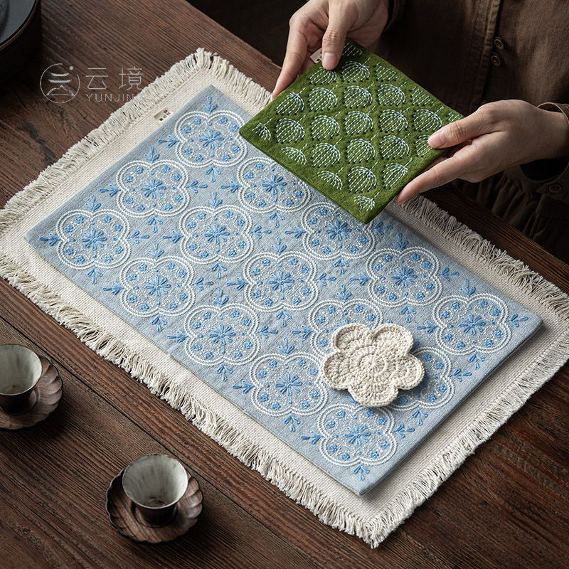 Chinês Retro Zen algodão linho borla tapete de chá doméstico bolha seca esteira High-End bordado janela grade tapete de