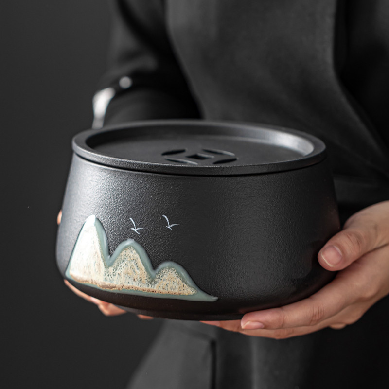 Lavagem de chá estilo japonês com tampa Jianshui Conjunto de chá Acessórios domésticos Zen Retro Preto Cerâmica Bule Tig