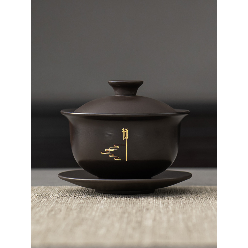 Zisha Zen-em forma de Gaiwan pintado à mão ouro lama antiga Kung Fu fabricante de chá Sancai Retro esculpido conjunto de