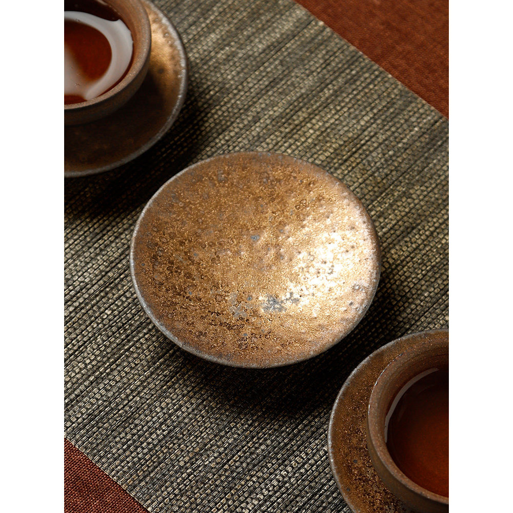 Retro chinês cerâmica Coaster Zen cerimônia de chá grés imitação cobre Metal copo titular isolamento térmico Kung Fu con