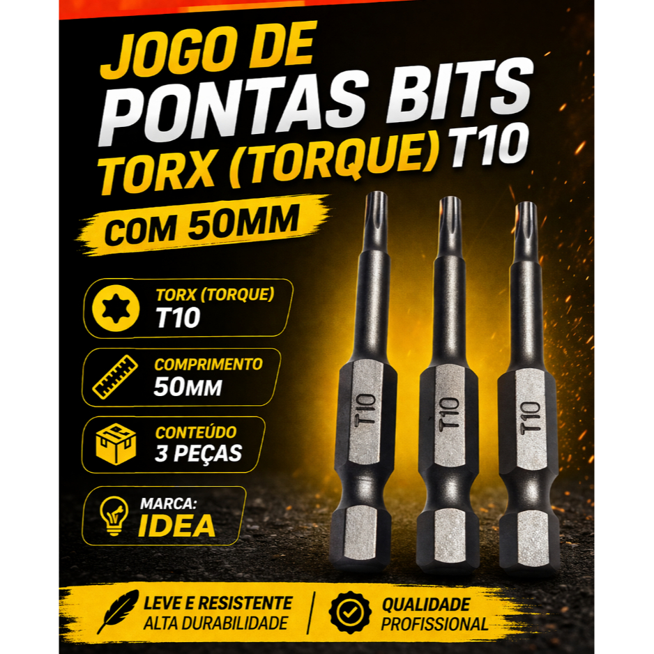 Jogo de Pontas Bits Torx (torque)T10 com 50mm 3 Peças - Idea