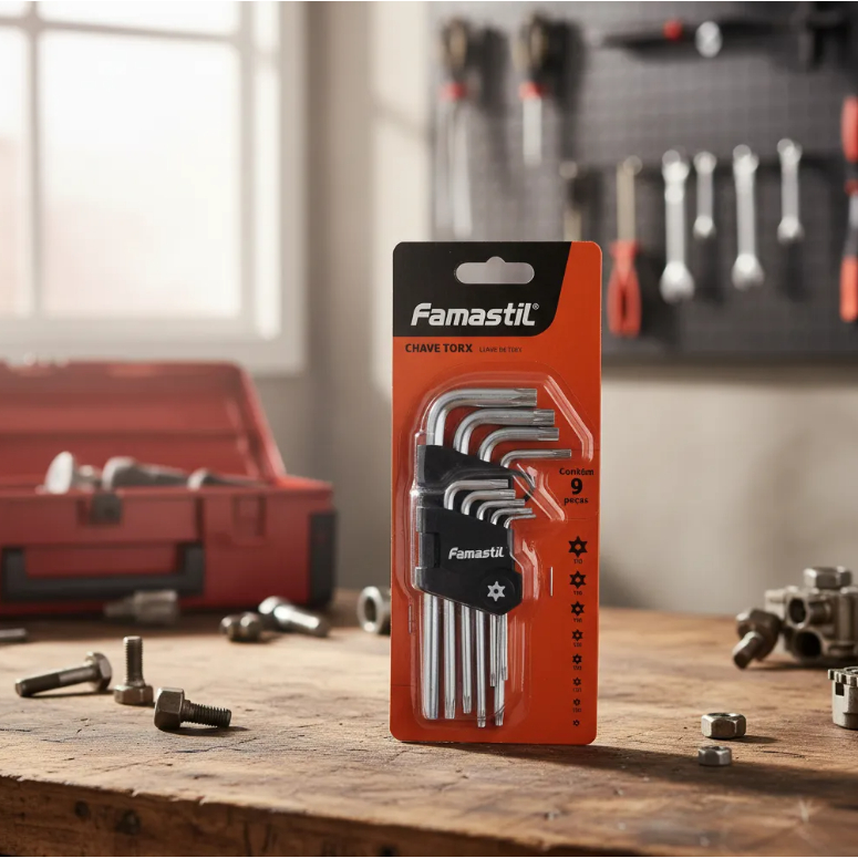 Jogo Chave Torx Famastil Profissional Cromo Vanádio 9 Peças Longa Com Suporte T10 a T50 Envio Rápido