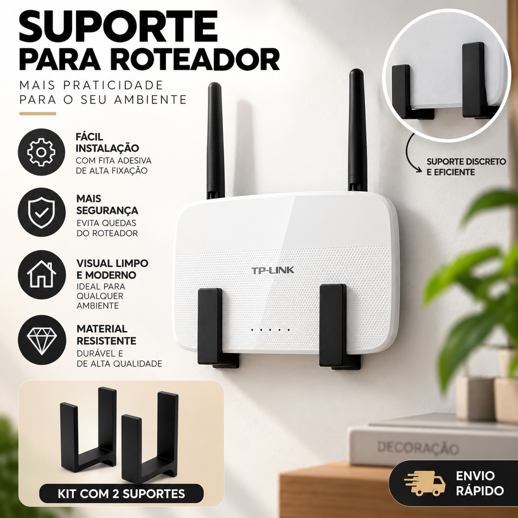 Suporte Roteador Modem Parede Adesivo Kit 2 Ganchos Fixador Sem Furar Universal Organizador Wifi