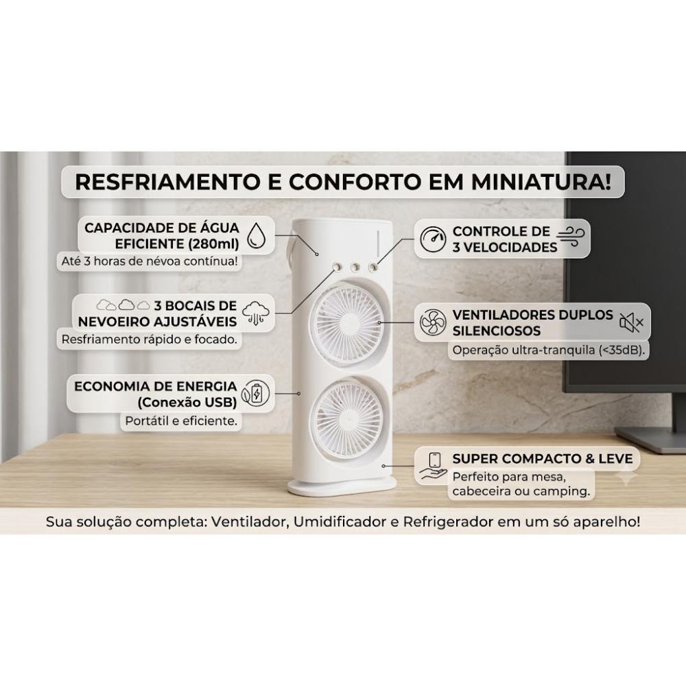 MINI VENTILADOR CLIMATIZADOR UMIDIFICADOR PORTÁTIL DUPLO NÉVOA LED USB MESA COM CONTROLE REMOTO RECARREGÁVEL SILENCIOSO