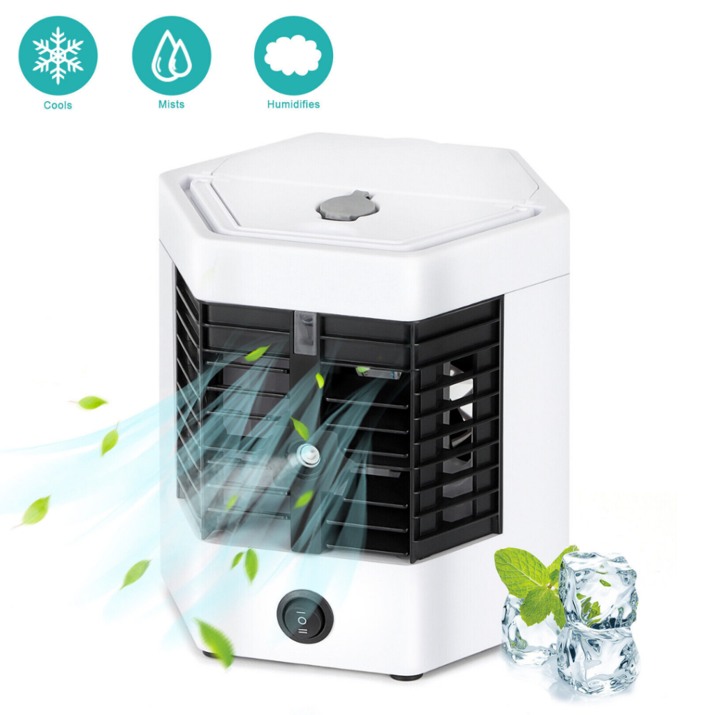 Mini Ventilador Portátil Pequeno Umidificador Duplo Giratório Mesa Canto Sala Piso Suporte de Gelo