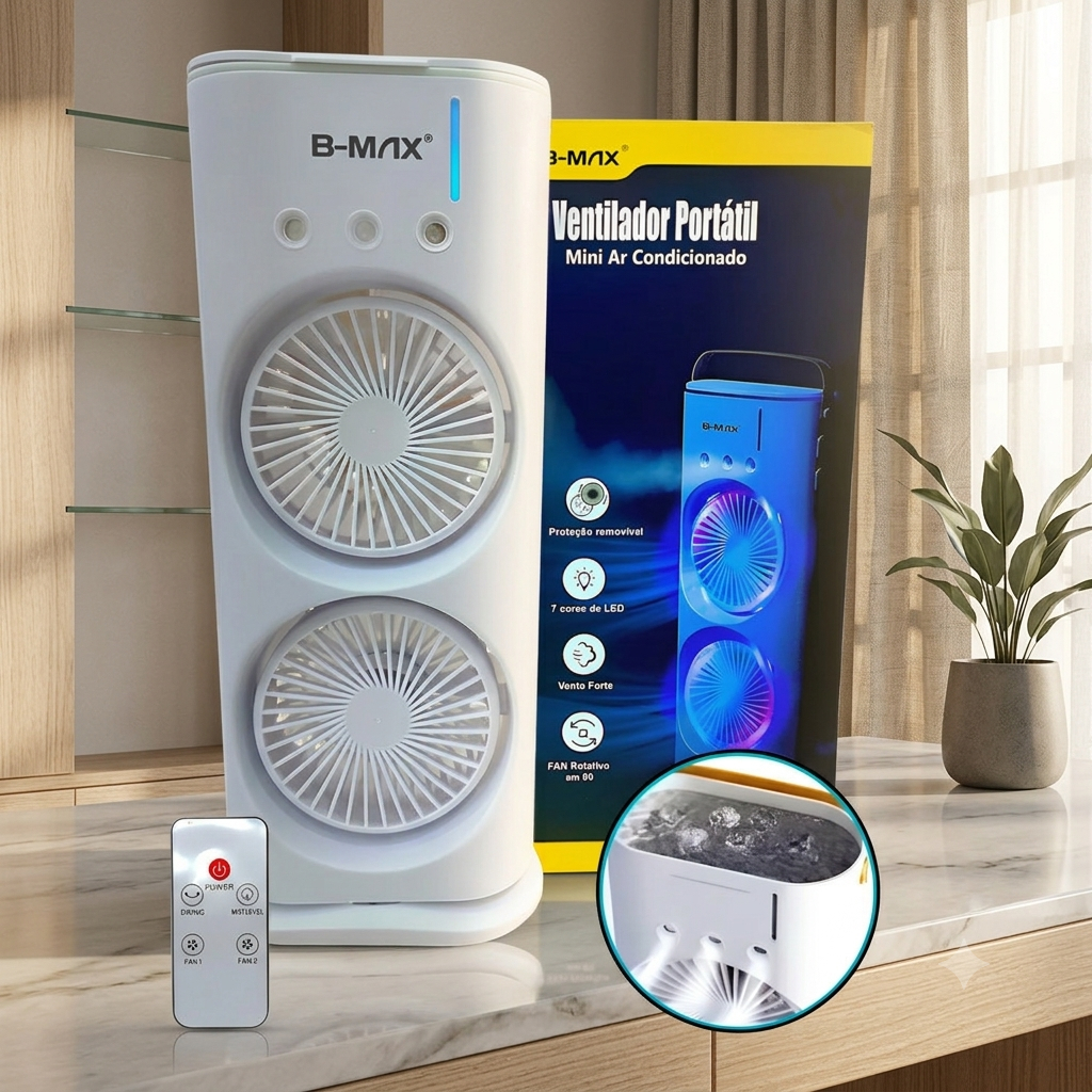 Mini Ar Condicionado Portátil Climatizador Duplo B-MAX Umidificador Ventoinha Dupla Com Controle Remoto Luz LED RGB Mesa