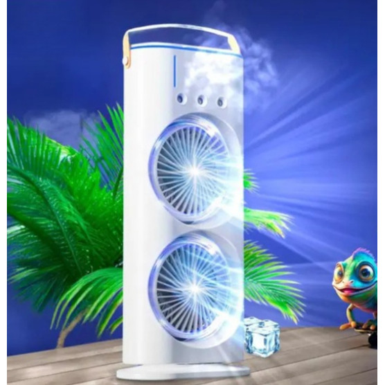 Ventilador duplo recarregável, com umidificador giratório, reservatório de água e iluminação de mesa em LED.