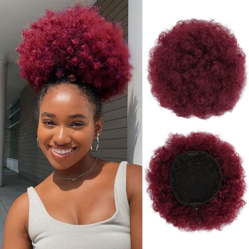 Extensões De Cabelo Burgundy Kinky Curly Ponytail Extensão Afro Puff Drawstring Ponytails Sintéticas De Bun Peças Updo C