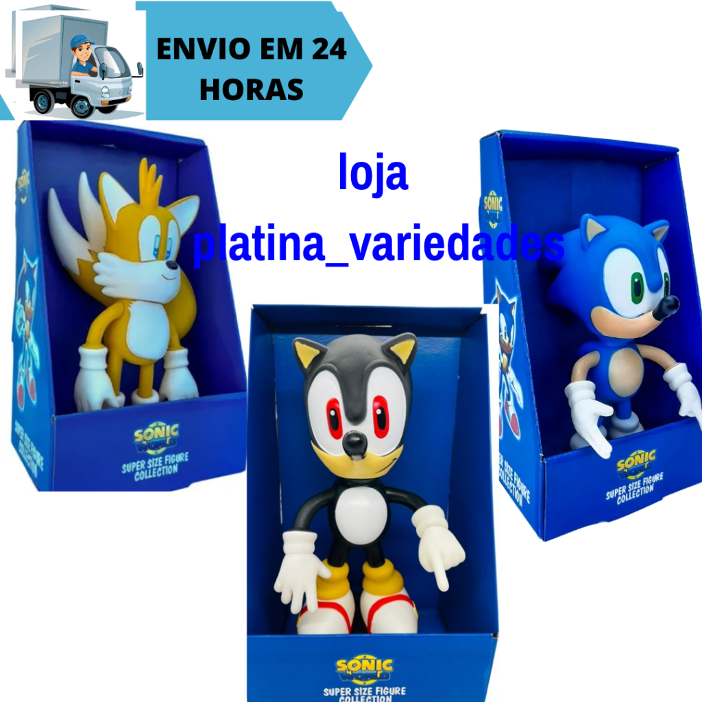 Combo Kit 3 Bonecos Sonic e Tails e Sonic preto Collection Grandes Articulado 23cm Super Size Sonic brinquedos