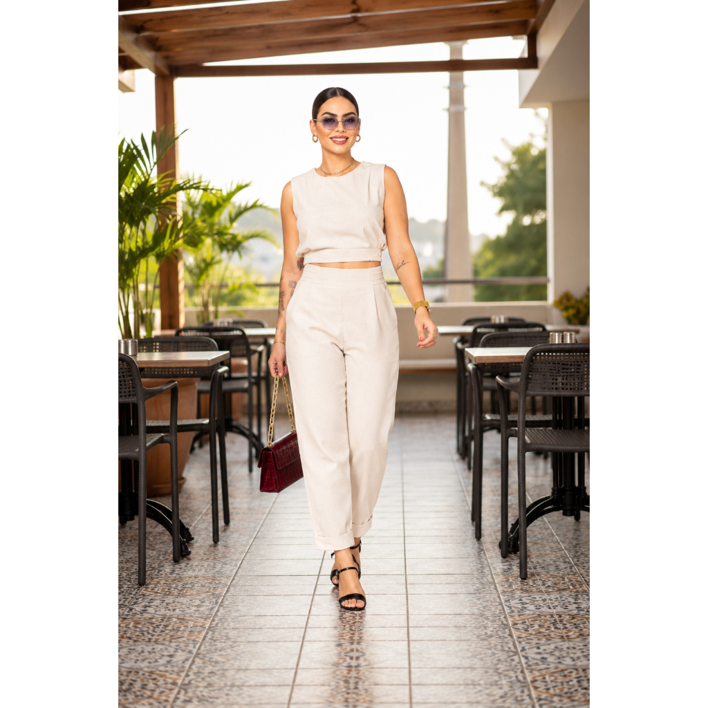 Conjunto Feminino Linho Calça Capri e Regata Elegante Casual