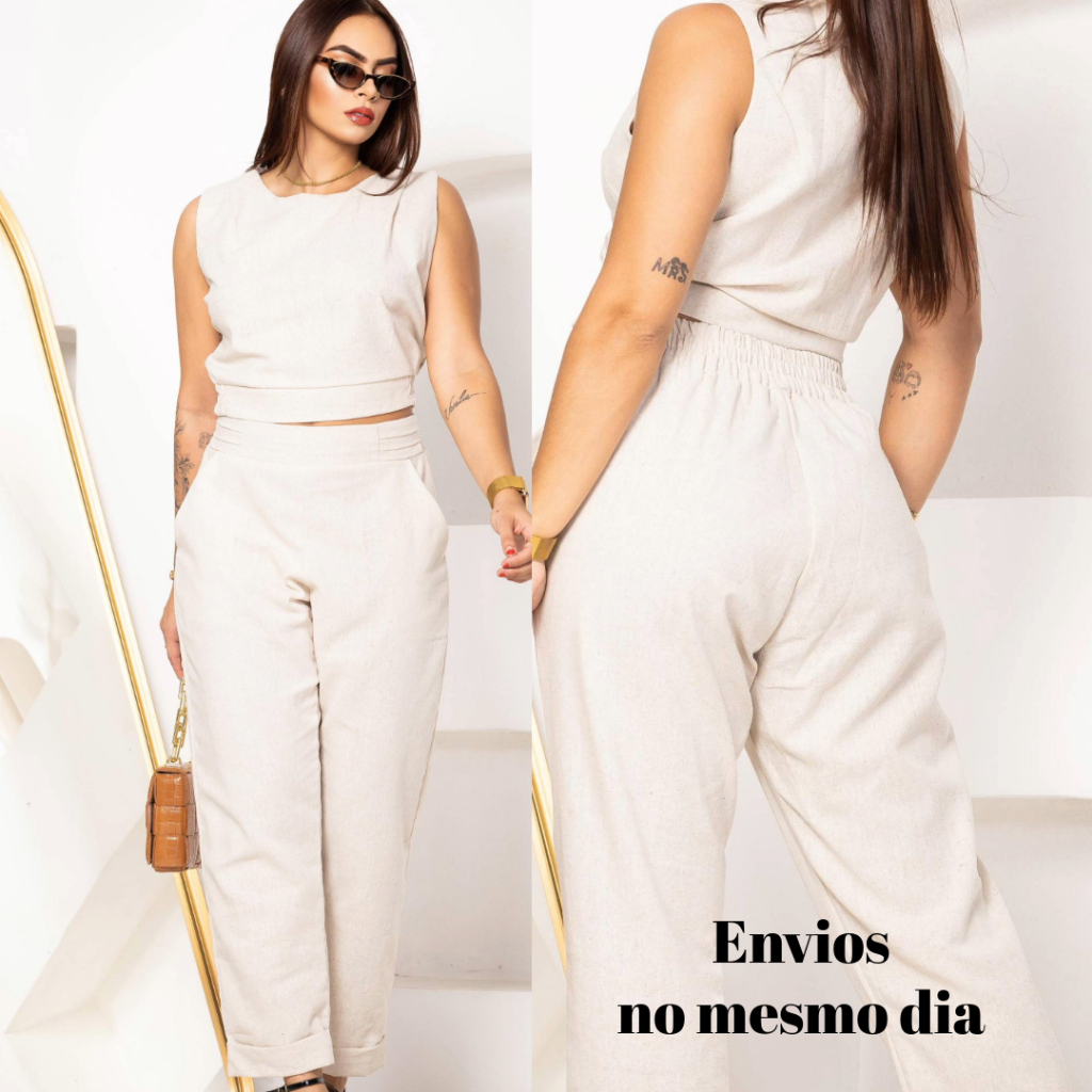 Conjunto Feminino Linho Calça Capri e Regata Elegante Casual