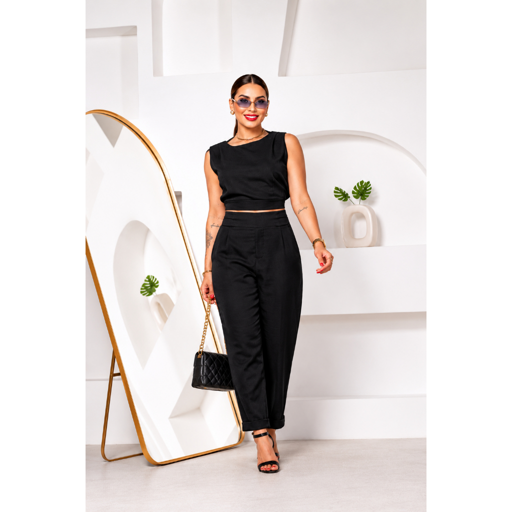 Conjunto Feminino Linho Calça Capri e Regata Elegante Casual