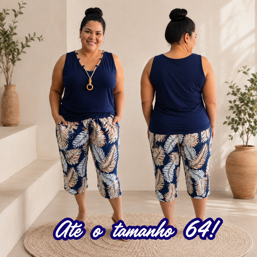 Conjunto Feminino Plus Size Regata Lisa com Colar e Calça Capri Estampada Plus Size Casual Verão