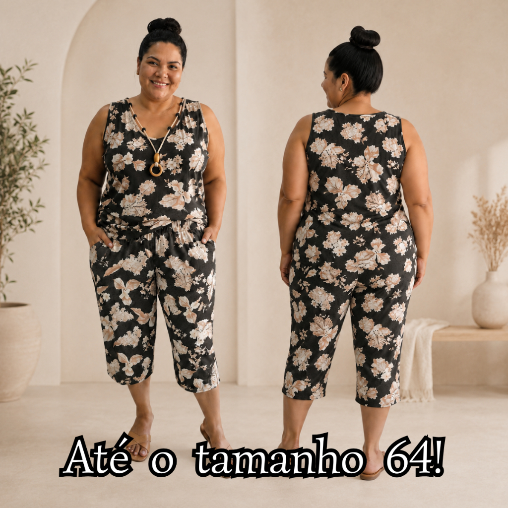 Conjunto Feminino Plus Size Regata Estampada com Colar e Calça Capri Estampada Plus Size Casual Verão MALHAS ITA