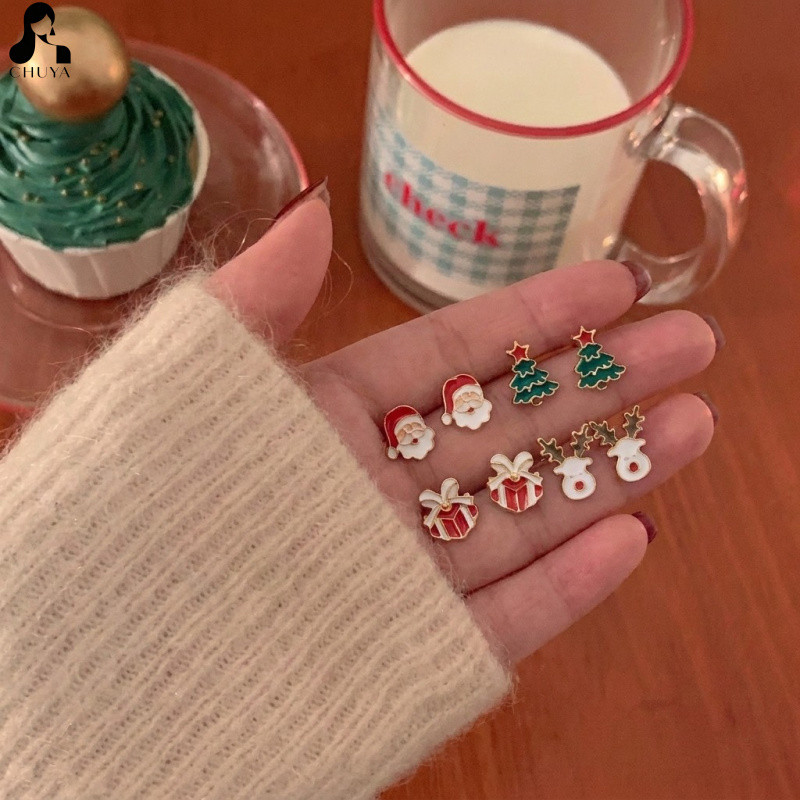 Conjunto de 4 pares de brincos coreanos fofos para mulheres, brincos de Natal com tema de Papai Noel, rena e boneco de n