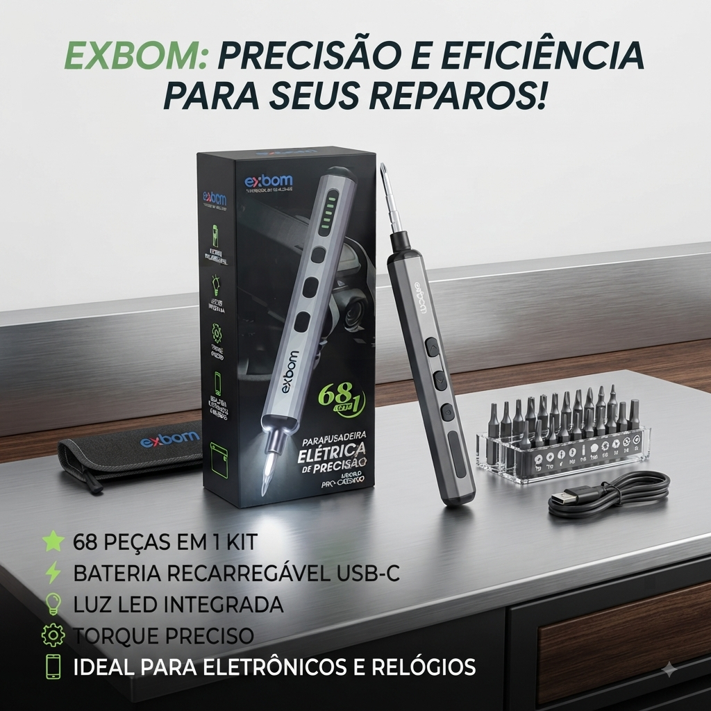 Kit Chave de Precisão Elétrica Mini Parafusadeira 68 em 1 Visor Eletrônico 64 Bits EXBOM