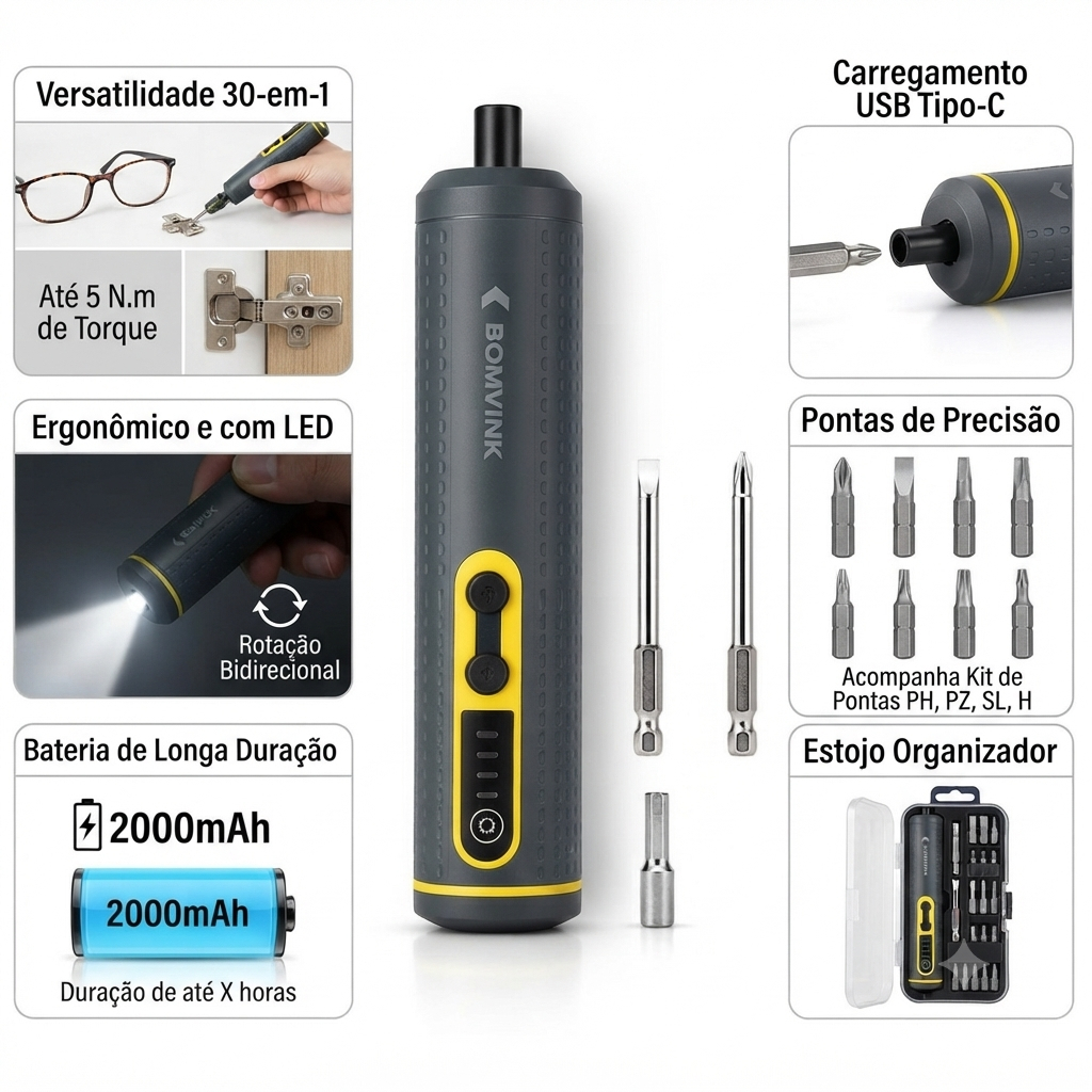 Mini Parafusadeira Eletrica Chave De Fenda 30 em 1 Bateria 2000mAh Recarregável USB Tipo C Com LED Kit Ferramentas