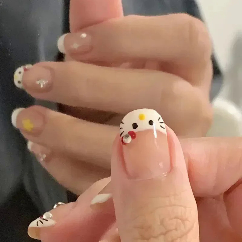 Unhas Kitty Fresco Bonito Coreano Falso Unhas Dicas Menina Vestindo Kawaii Curto Cartoon Acrílico Imprensa no Prego