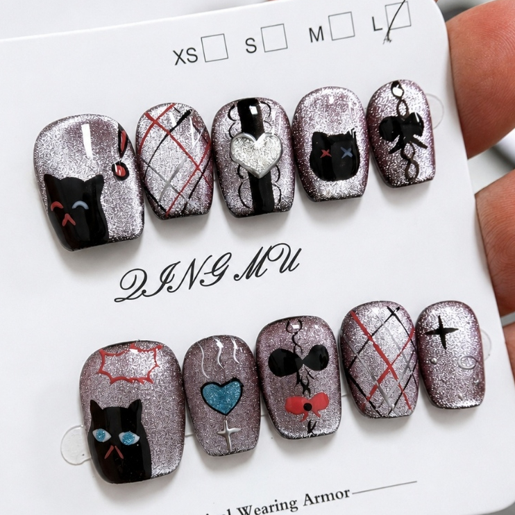 10 Peças Artesanais Kawaii Gótico Gato Preto Prensa Em Unhas Xadrez Prateado Curto Quadrado Sml