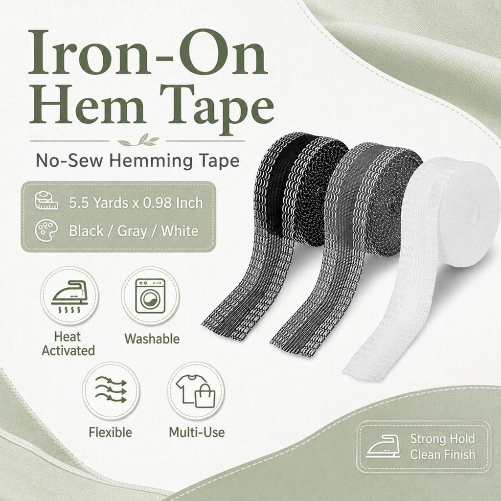 1/2/3 Rolls Iron-On Hem Tape, 5m x 2.5cm No-Sew Fusible Web for Pants, Jeans & Curtains