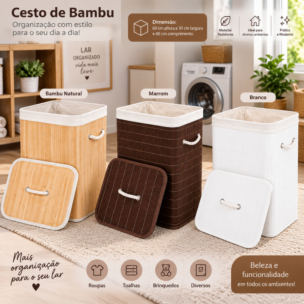 Cesto Organizador de Bambu 50L ou 70L Com Tampa Alças Lavanderia Banheiro Organizador Casa