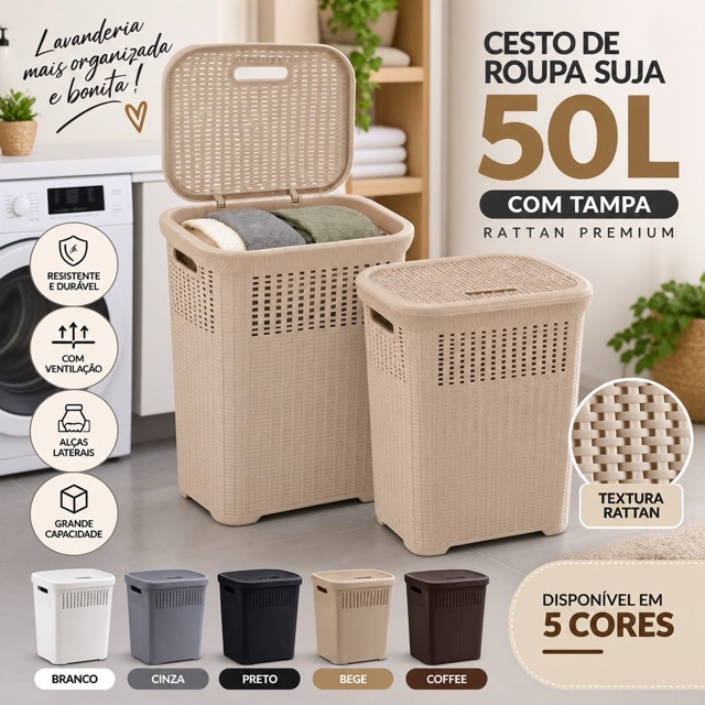 Cesto de Roupa Suja 50L com Tampa Rattan Grande Organizador para Lavanderia