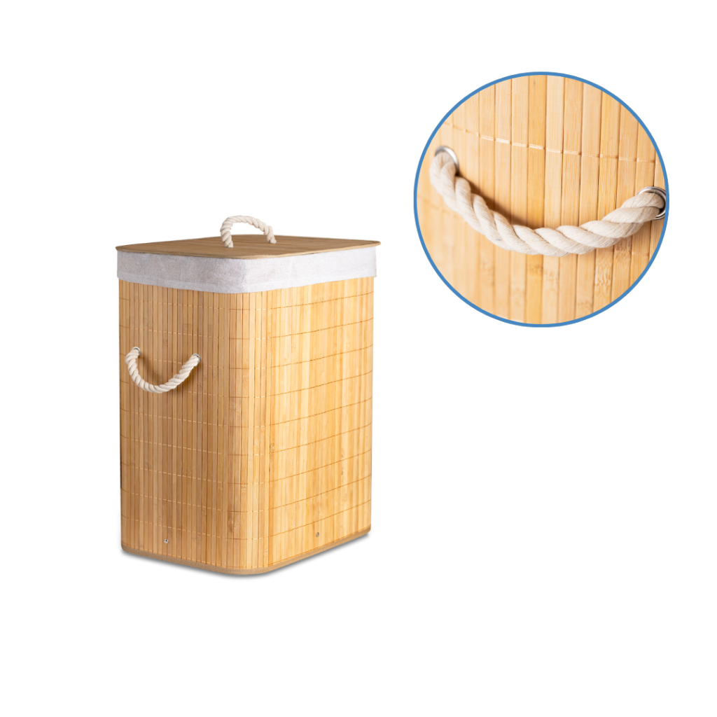 Cesto Organizador de Roupas 50L Bambu Dobrável Com Tampa para Lavanderia Banheiro e Quarto