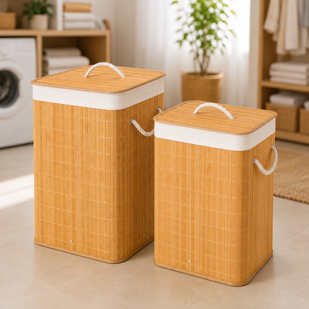 Kit Cesto Roupeiro Bambu 50L+70L Tampa Alças Organizador Roupas Lavanderia Banheiro Quarto Closet