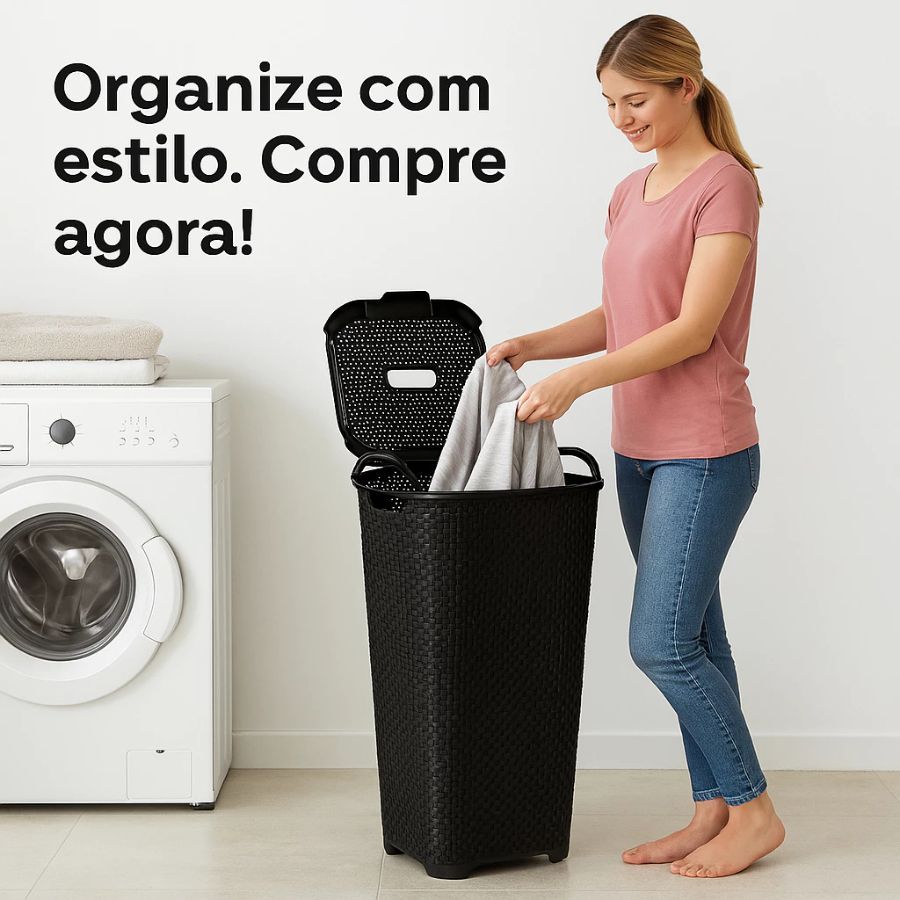 Cesto Rattan 50L com Tampa Basculada Preto Arqplast Alça Reforçada