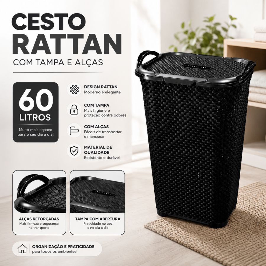 Cesto de Roupas Rattan 50L Com Tampa Basculante Preto Organizador Resistente Para Brinquedos Arqplast