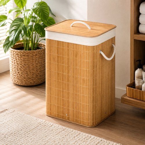 Cesto de Roupas Bambu 50L com Tampa e Alças Organizador Dobrável Lavanderia Banheiro Quarto Bege
