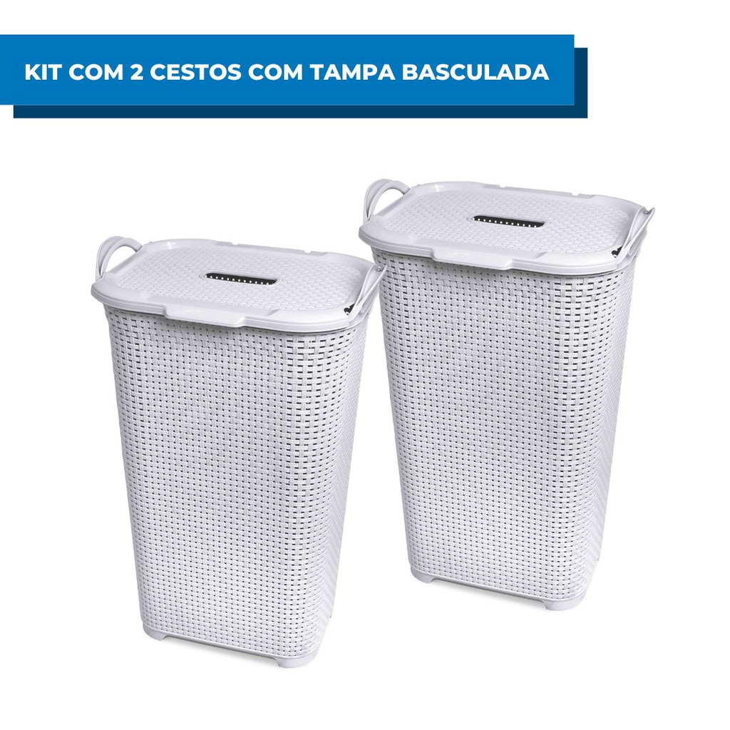 Kit Com 2 Cestos De Roupas Multiuso Rattan Organizador Com Tampa Branco 50L Arqplast Roupa Suja