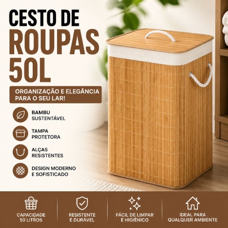 Cesto de Roupas 50L em Bambu com Tampa e Alças Organizador para Lavanderia Banheiro Closet Dobrável Elegante