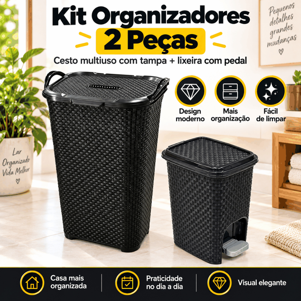 Kit Cesto Organizador Multiuso 50l + Lixeira Pedal Rattan