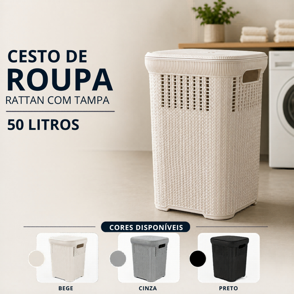 Cesto de Roupa Plástico Premium 50L com Tampa Estilo Ventilado Organizador - Varias Cores
