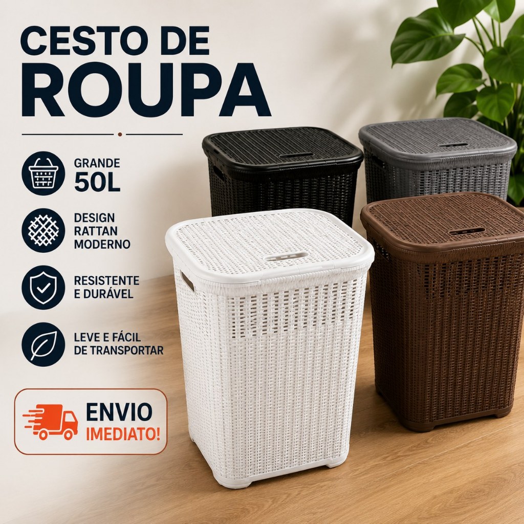 Cesto de Roupa Suja Grande 50L com Tampa Rattan Organizador para Banheiro Quarto Lavanderia