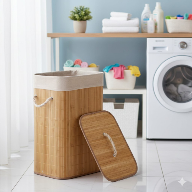 Cesto Retangular De Bambu Para Lavanderia 50L