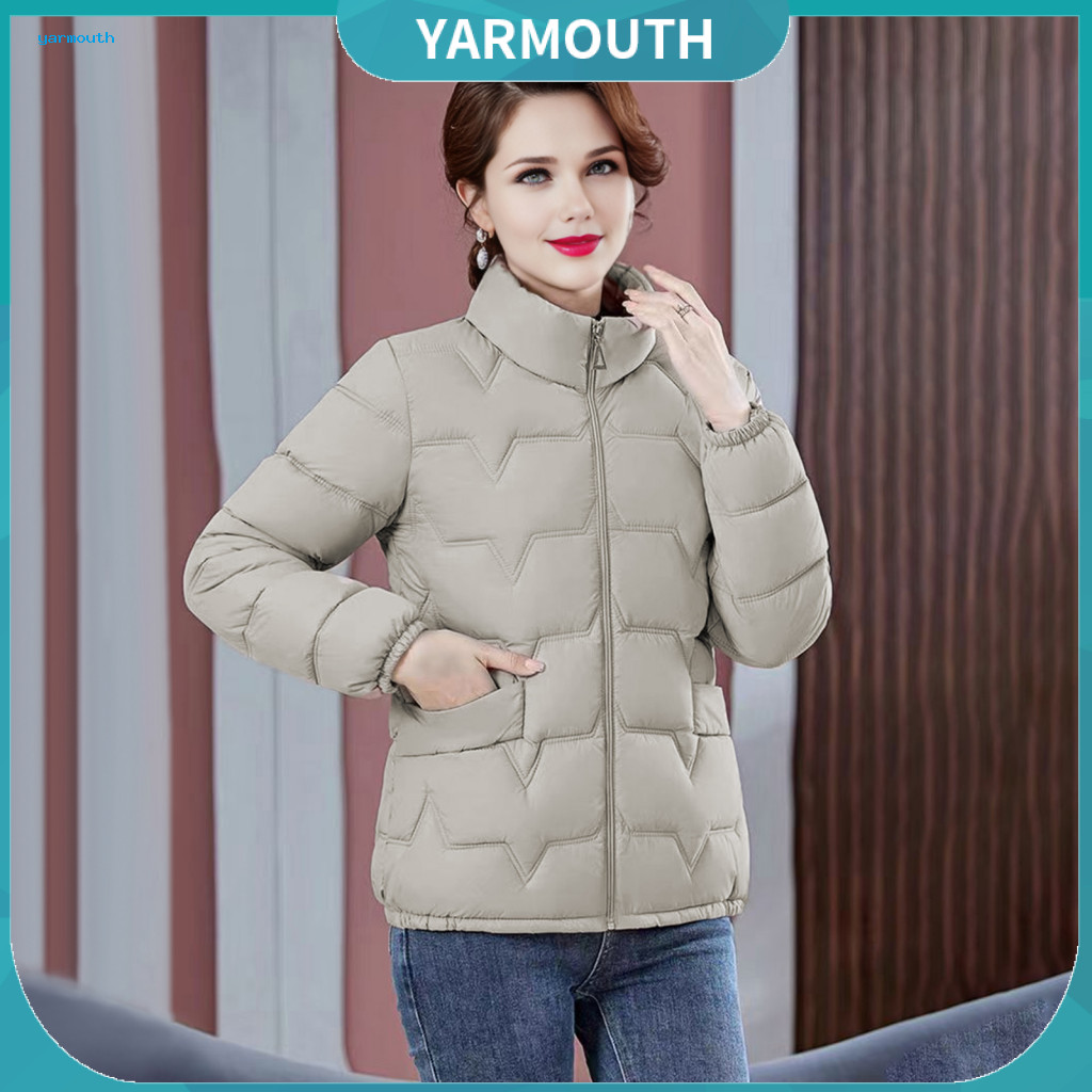 Cotton Jacket Solid Color Women’s Quilted Stand Collar Long Sleeve Zipper Closure Thickened Warm Coat for Autumn Winte