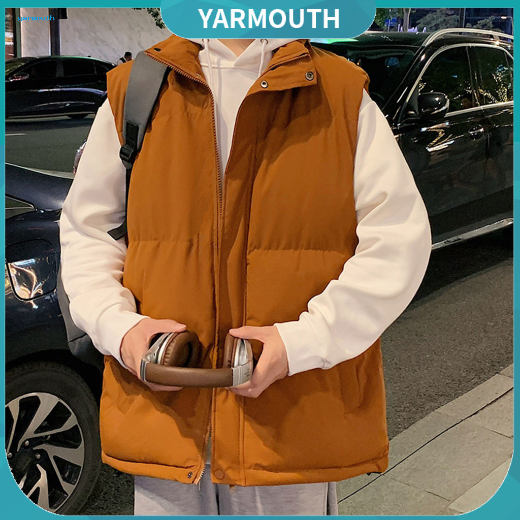 Men Cotton Waistcoat Quilted Vest Coat Men's with Stand Collar Sleeveless Warm Jacket Pockets – Thickened Solid Color