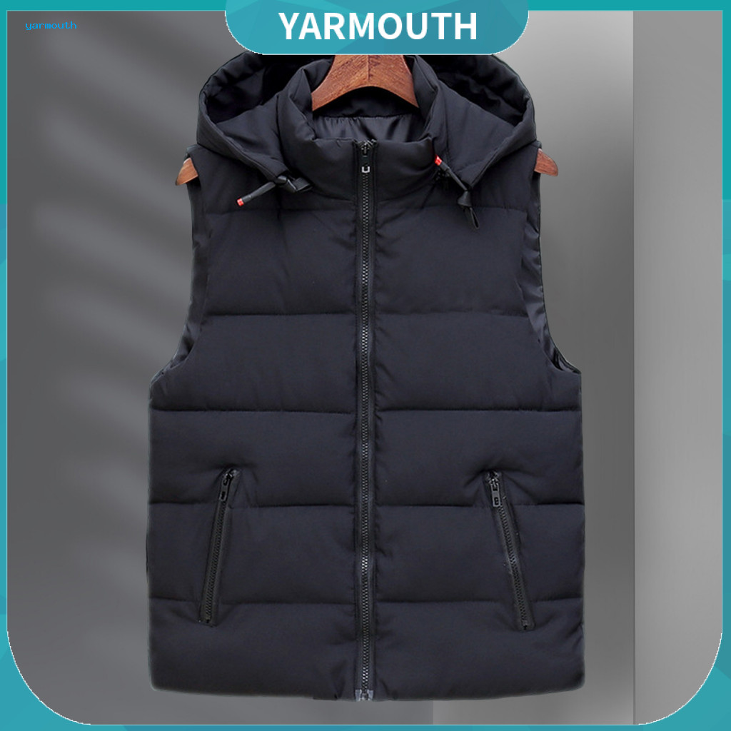 Solid Color Men Vest Thickened Waistcoat Men's Hooded Sleeveless Down Cotton with Zipper Stand Collar Jacket Warm for Ca