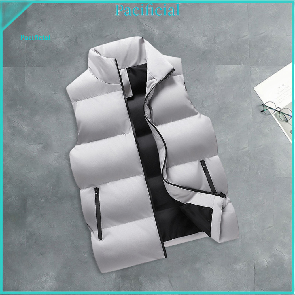 Men Winter Waistcoat Thick Padded Men's Cotton Vest Windproof Sleeveless with Stand Collar Zipper Pockets Neck Protectio