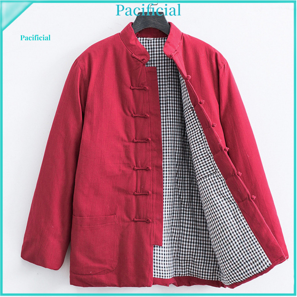 Men Tang Suit Jacket Chinese Style Coat Men's Traditional Cotton with Stand-up Collar Button Closure Solid Color Pockets