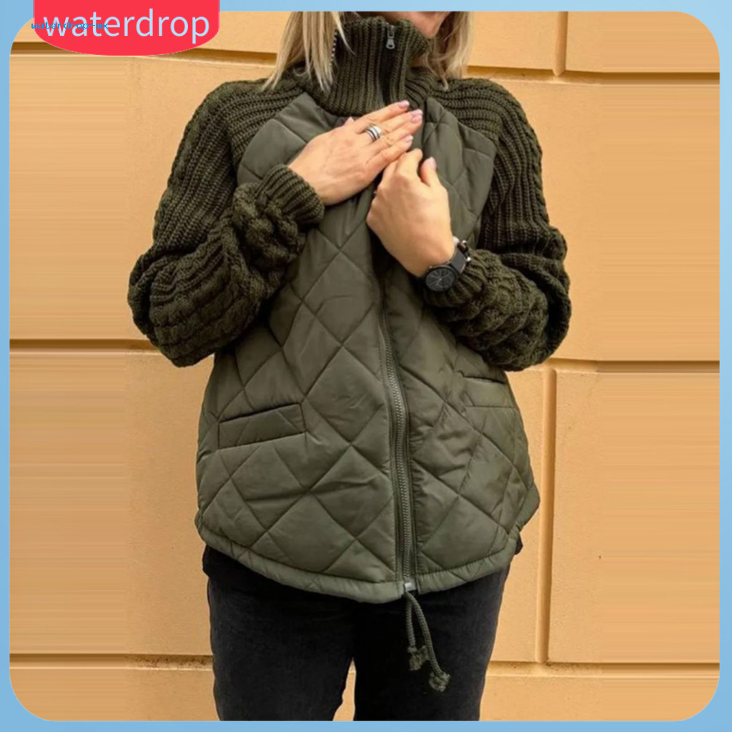 Women’s Winter Coat Mid-length Windproof Cotton Jacket with Stand Collar Neck Protection Knitted Patchwork Drawstring