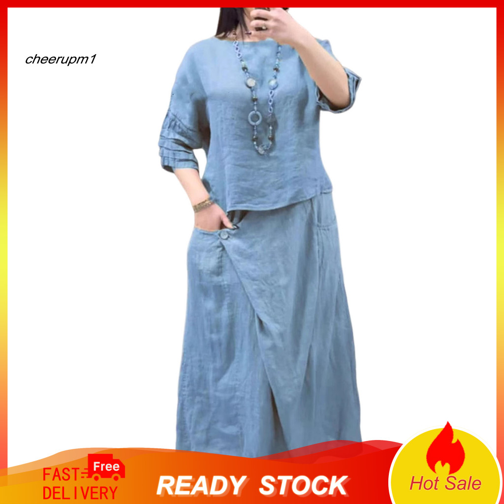 Professional Women Suit Two Piece Set Women’s Summer Linen 2-piece – Crewneck Short Sleeve Top Loose Midi Skirt with