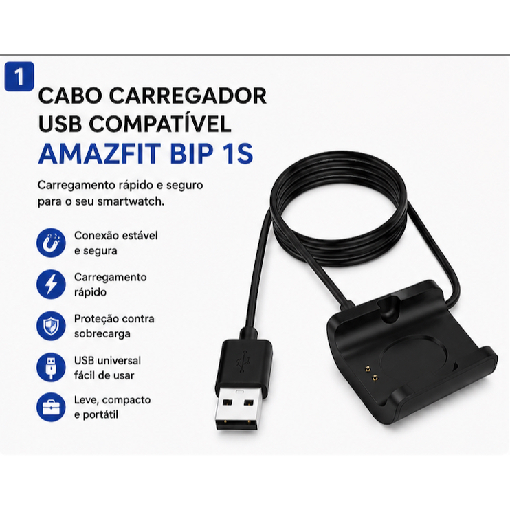 Cabo Carregador USB Compatível Amazfit Bip 1S Smartwatch Magnético Carregamento Rápido