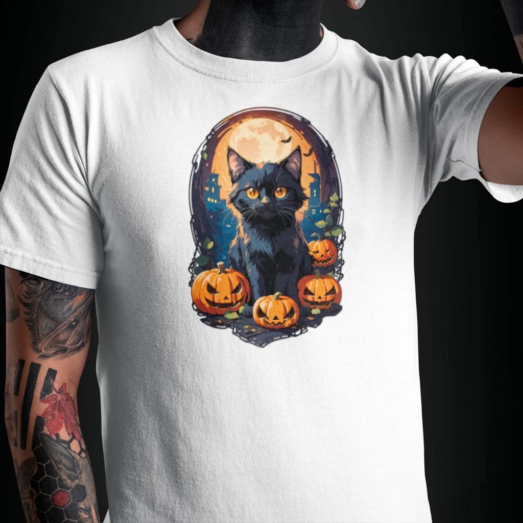 Linda Camiseta Premium t-shirt Linda  Halloween Unissex  Gato Preto Dia das Bruxas Envio Rapido Postagem Rapida em Algod