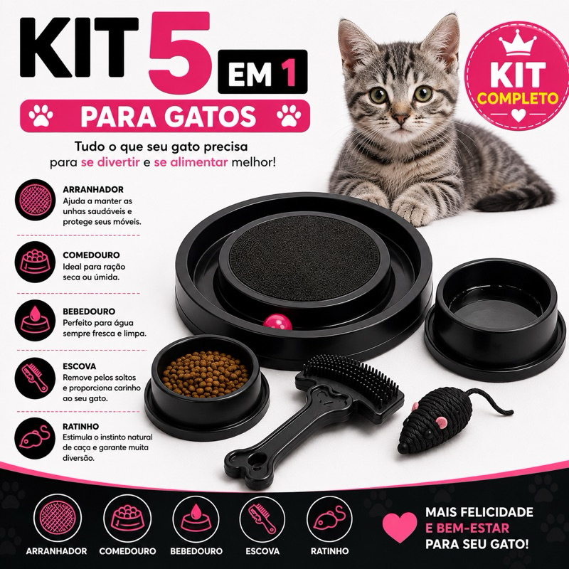 Brinquedo Arranhador Interativo Para Gatos com Bolinha Escova Rasqueadeira tira pelo Bebedouro Comedouro Ratinho