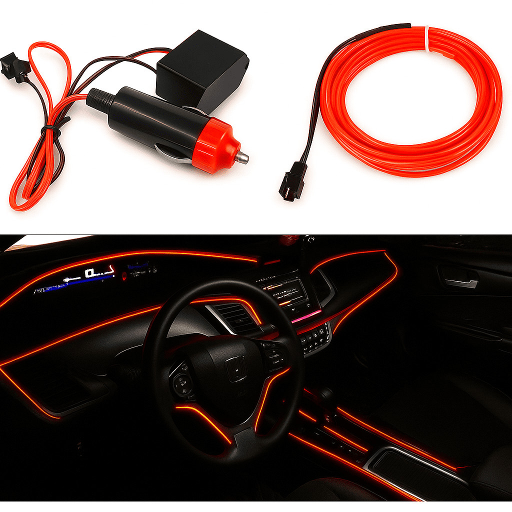 Fita Neon Carro Tunning Colorido Vermelho LED Automotivo à Prova d’Água com Conector 12V Iluminação Som e Painel Carro