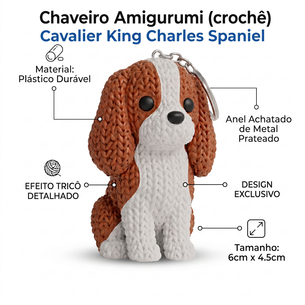 Chaveiro Cachorro Cavalier King Charles Spaniel Crochê Amigurumi